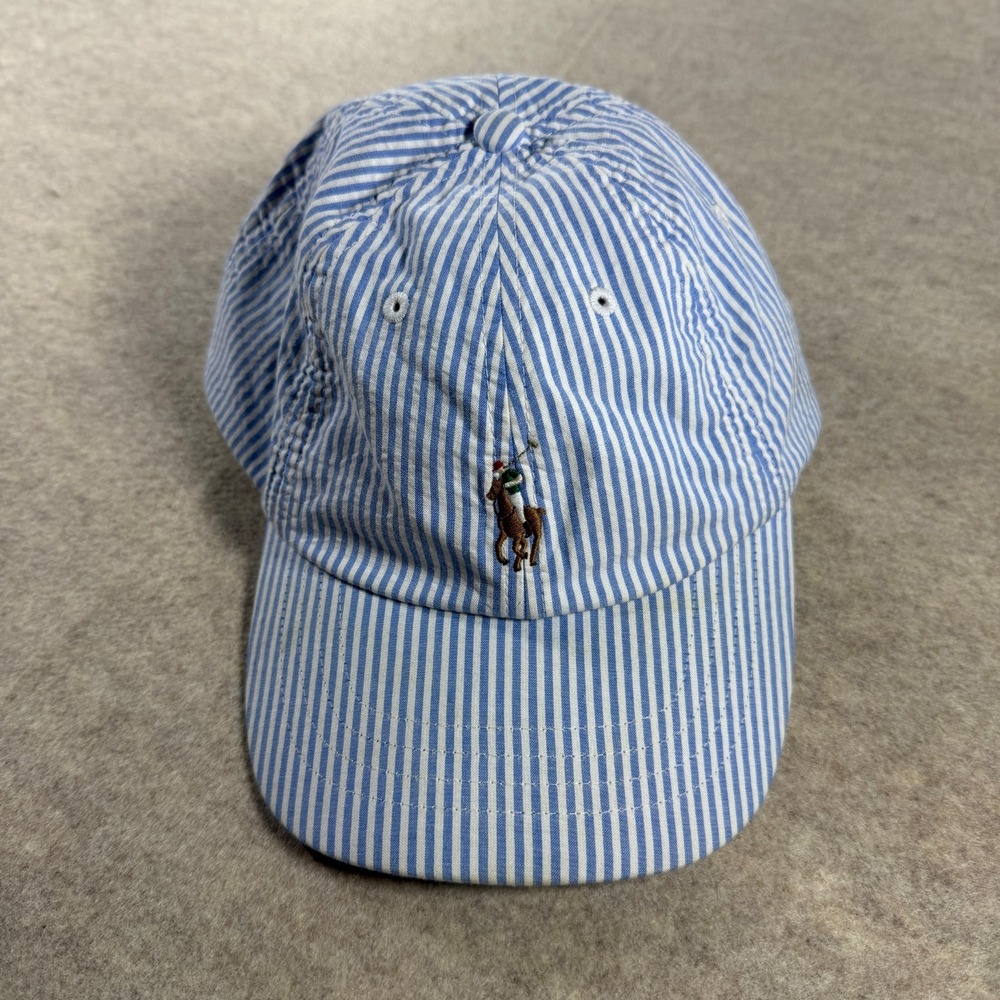 Polo Ralph Lauren Seersucker Hat L XL Blue White Stripe Pony Baseball Cap Cotton